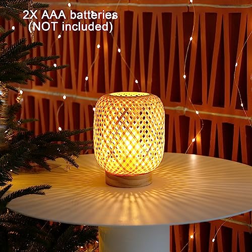 LUSHARBOR Rattan Lamp, Cordless Boho Lamp Battery Operated, Table Lamp with LED Bulb, Handmade Bamboo Beside Lamp Small Rattan Lamp, Decorative Battery Lamp for Kids Room Entryway - Grid - Image 2