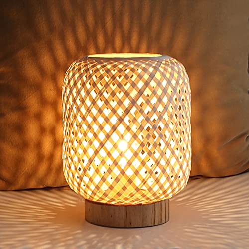 LUSHARBOR Rattan Lamp, Cordless Boho Lamp Battery Operated, Table Lamp with LED Bulb, Handmade Bamboo Beside Lamp Small Rattan Lamp, Decorative Battery Lamp for Kids Room Entryway - Grid - Image 1