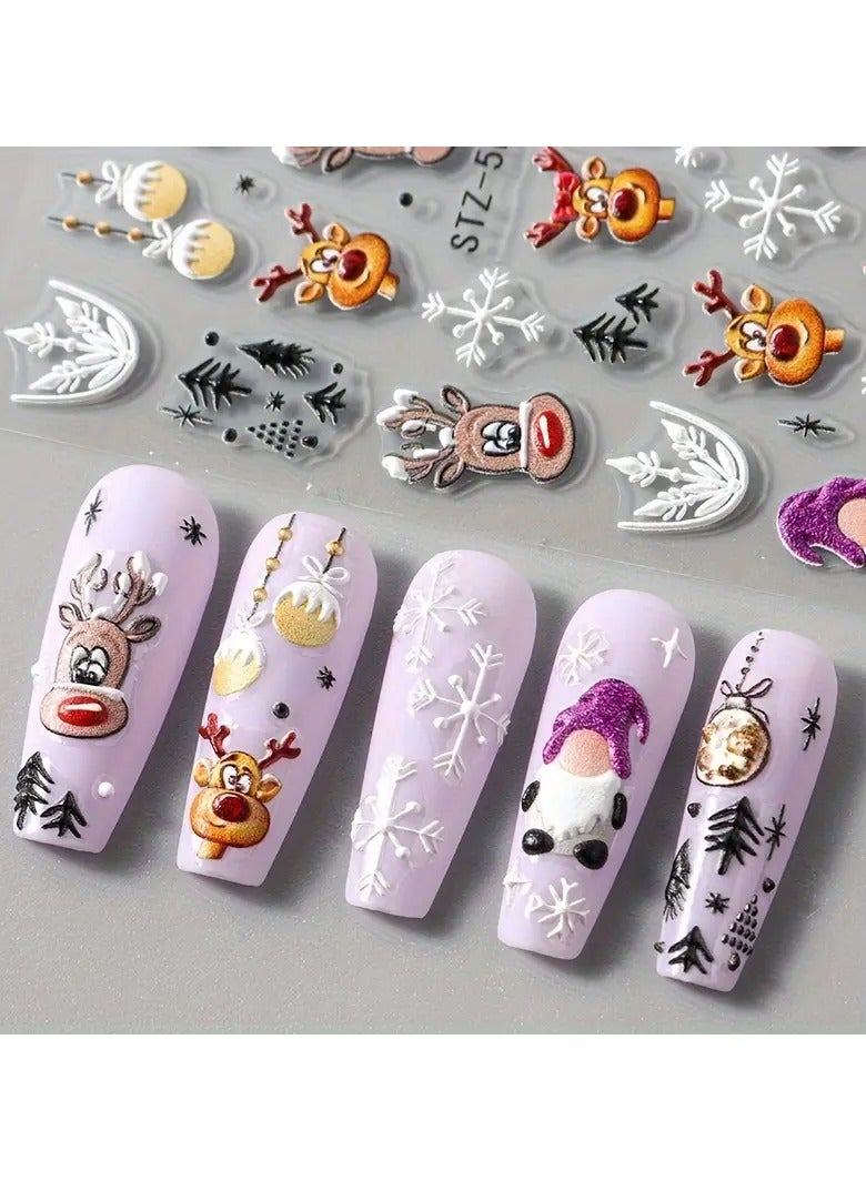 Rozino 5D Embossed Christmas Nail Stickers Cartoon Elk Santa Claus Snowflake Designs Self-Adhesive Festive Nail Art Decals Decoration - Image 2