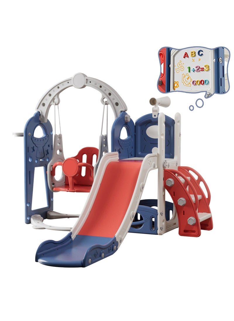 Pokuula 6-in-1 Kids Slide and Swing Set With Drawing Board, Basketball Hoop, Storage & Telescope - Indoor Outdoor Toddler Slide Set Climber Playground, 138*155*114cm  - Image 1
