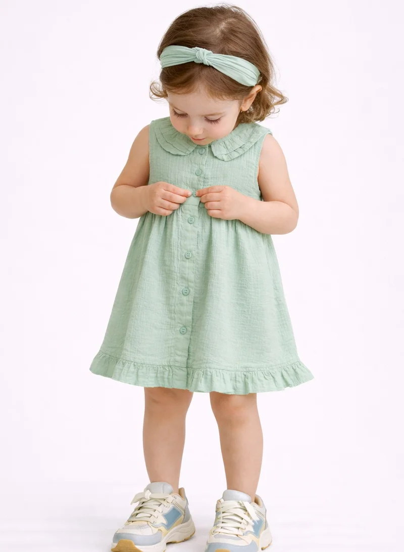 Dirkje Girls 2 Pc Set Mint Muslin Frill-Collar Dress & matching Headband Set
