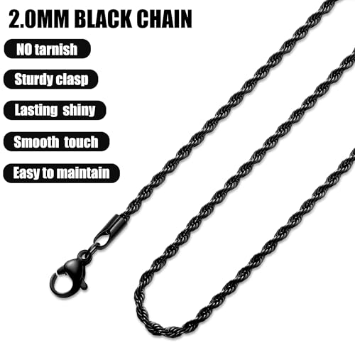 Fiusem Black Rope Chain for Men, 2mm Stainless Steel Necklace for Men and Women, Rope Chain 18 Inches - Image 5