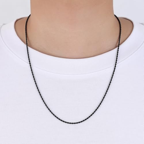 Fiusem Black Rope Chain for Men, 2mm Stainless Steel Necklace for Men and Women, Rope Chain 18 Inches - Image 3