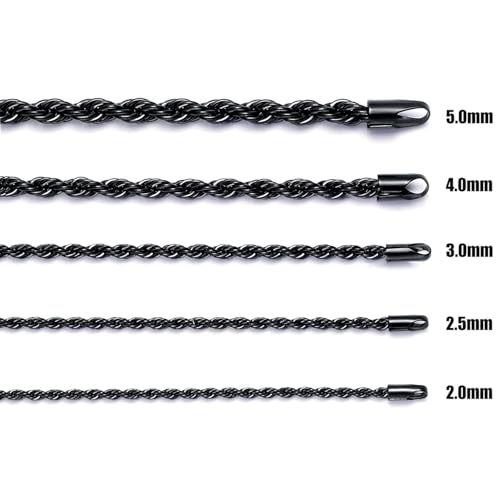 Fiusem Black Rope Chain for Men, 2mm Stainless Steel Necklace for Men and Women, Rope Chain 18 Inches - Image 2