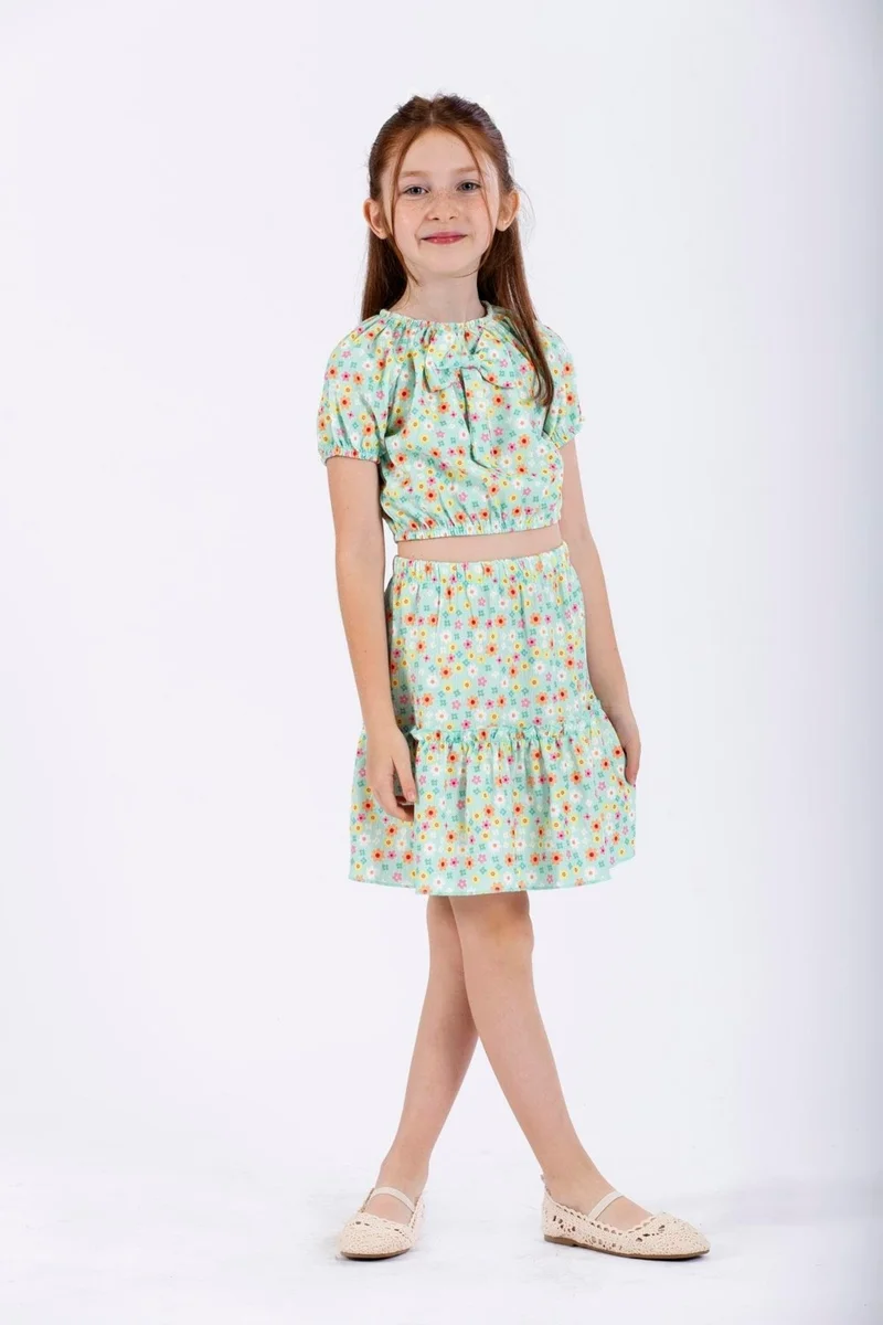 زيبكيدز Green Color Girl Skirt Set with Front Bow Detail