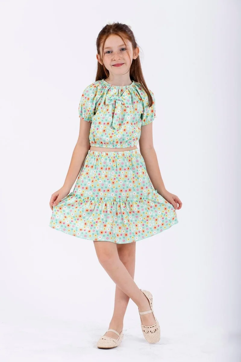زيبكيدز Green Color Girl Skirt Set with Front Bow Detail