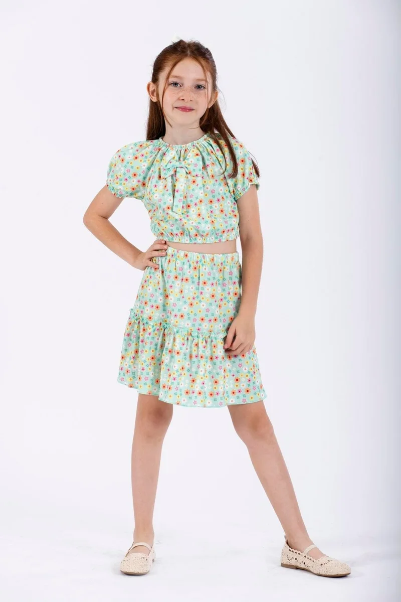 زيبكيدز Green Color Girl Skirt Set with Front Bow Detail