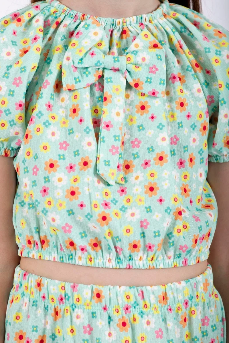 زيبكيدز Green Color Girl Skirt Set with Front Bow Detail