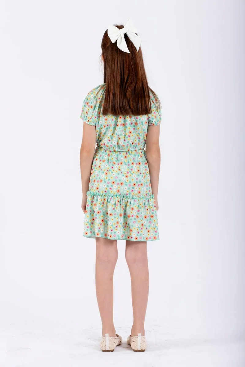 زيبكيدز Green Color Girl Skirt Set with Front Bow Detail
