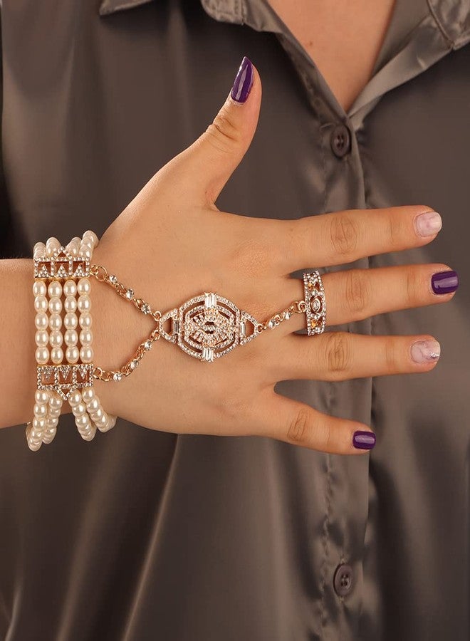 يرتير سوار YERTTER مستوحى من عشرينيات القرن الماضي، مزين باللؤلؤ، وخاتم إصبع، وسلسلة مرصعة بأحجار الراين، وسلسلة ذهبية مرصعة بالكريستال، مثالي لحفلات الزفاف. - Image 2