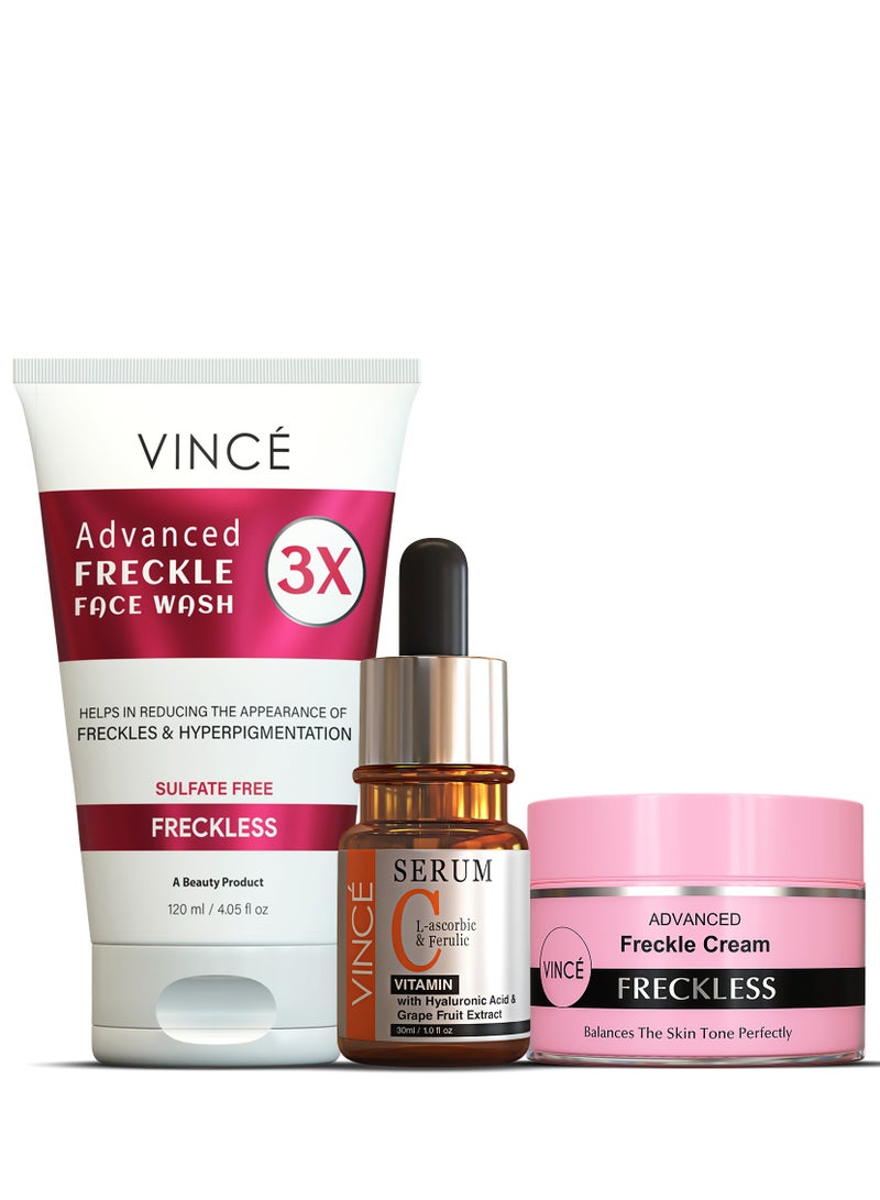 فينس مجموعة مكافحة النمش - مصل فيتامين سي 30 مل + كريم النمش 50 مل + غسول النمش للوجه 120 مل - يقلل من النمش والتصبغ والبقع الداكنة - يكشف عن بشرة أكثر إشراقًا ووضوحًا وتوحيدًا - Image 1
