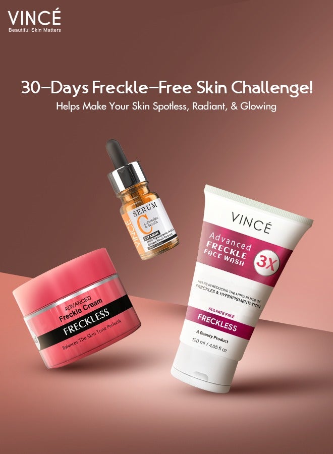 فينس مجموعة مكافحة النمش - مصل فيتامين سي 30 مل + كريم النمش 50 مل + غسول النمش للوجه 120 مل - يقلل من النمش والتصبغ والبقع الداكنة - يكشف عن بشرة أكثر إشراقًا ووضوحًا وتوحيدًا - Image 3