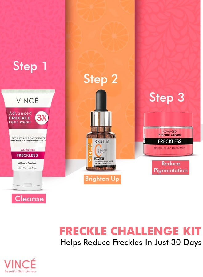 فينس مجموعة مكافحة النمش - مصل فيتامين سي 30 مل + كريم النمش 50 مل + غسول النمش للوجه 120 مل - يقلل من النمش والتصبغ والبقع الداكنة - يكشف عن بشرة أكثر إشراقًا ووضوحًا وتوحيدًا - Image 4