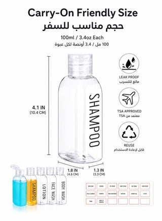 6-Pack 100ml Travel Bottles, Clear Refillable Squeeze Containers with Flip Caps and Labels for Shampoo, Conditioner, Lotion, Face Wash and Body Wash, Carry-On Toiletry Set - view 3