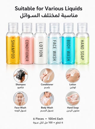 6-Pack 100ml Travel Bottles, Clear Refillable Squeeze Containers with Flip Caps and Labels for Shampoo, Conditioner, Lotion, Face Wash and Body Wash, Carry-On Toiletry Set - view 2