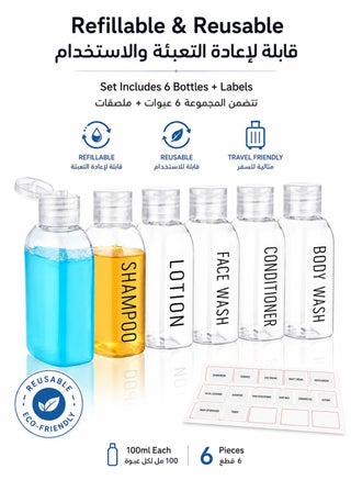 6-Pack 100ml Travel Bottles, Clear Refillable Squeeze Containers with Flip Caps and Labels for Shampoo, Conditioner, Lotion, Face Wash and Body Wash, Carry-On Toiletry Set - view 4