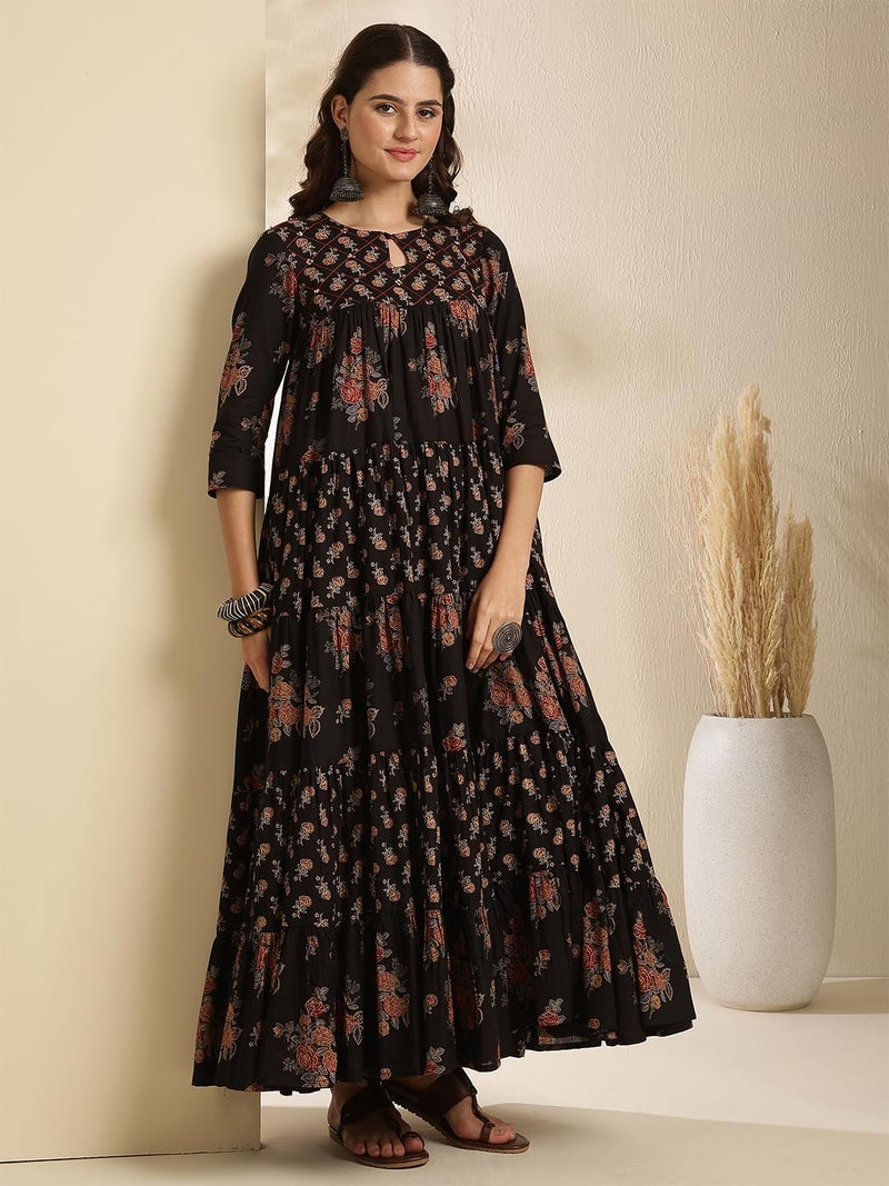 Kimayra Women's Cotton Calf Length Printed Key Hole Neck Tired Kurta Suit Set (KIM9026PC3BLACK_XXL, Black) - Image 4
