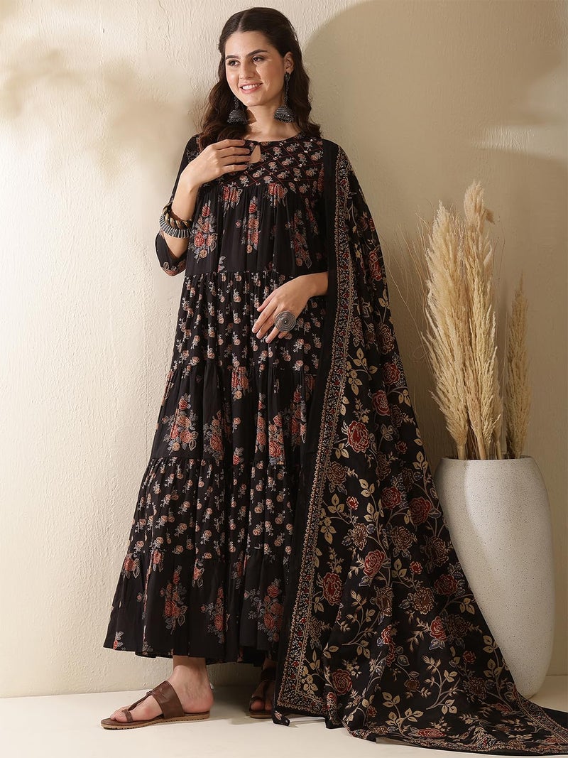 Kimayra Women's Cotton Calf Length Printed Key Hole Neck Tired Kurta Suit Set (KIM9026PC3BLACK_XXL, Black) - Image 2