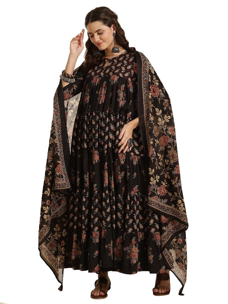 Kimayra Women's Cotton Calf Length Printed Key Hole Neck Tired Kurta Suit Set (KIM9026PC3BLACK_XXL, Black) - Image 1