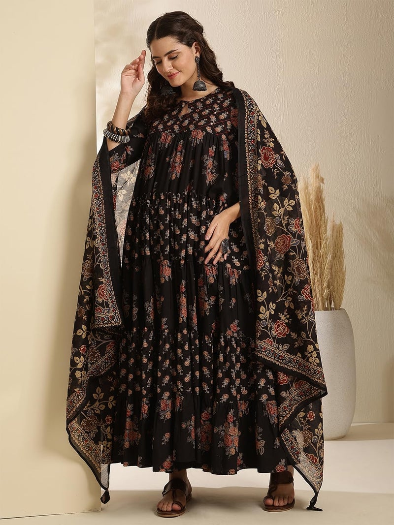 Kimayra Women's Cotton Calf Length Printed Key Hole Neck Tired Kurta Suit Set (KIM9026PC3BLACK_XXL, Black) - Image 3