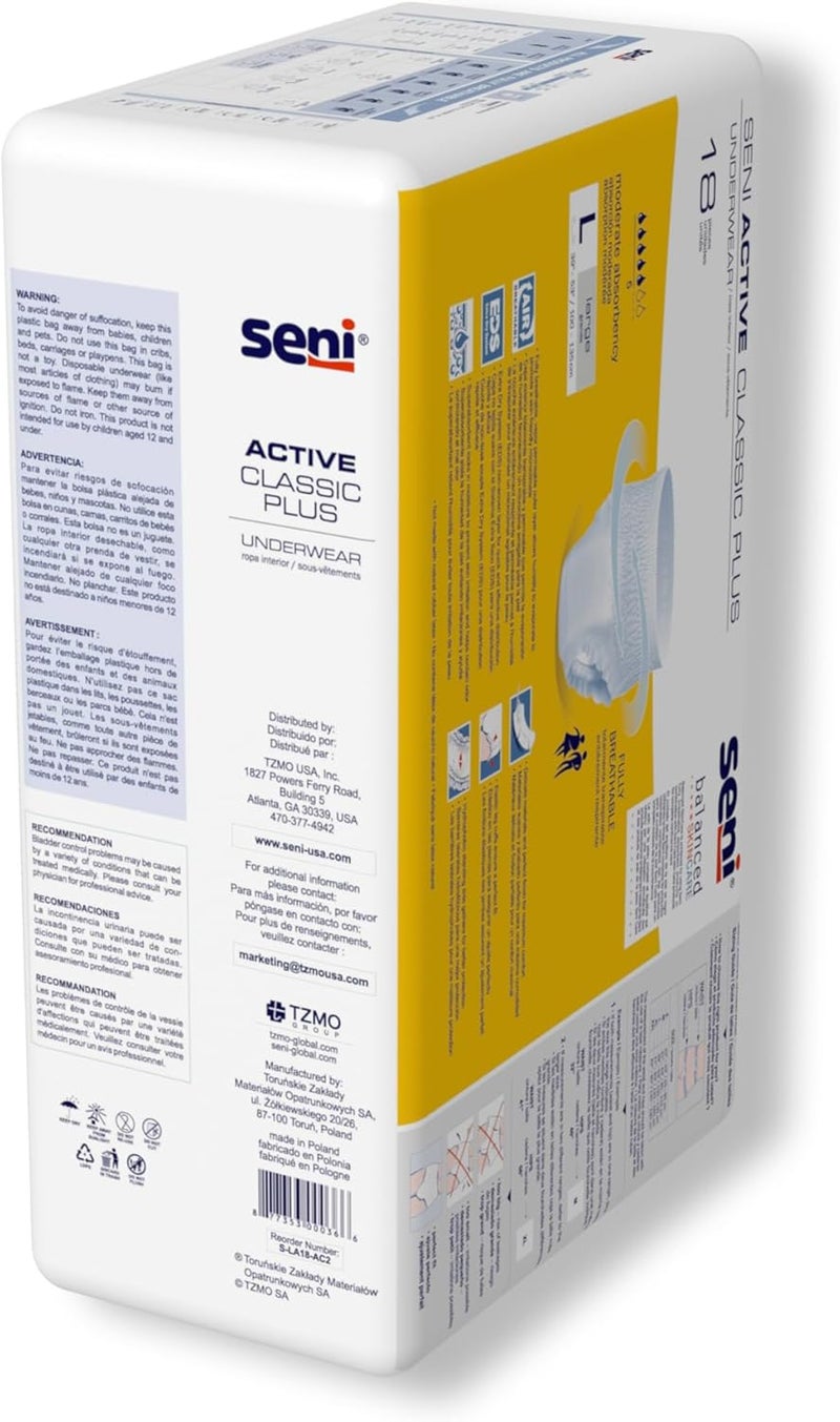 SENI Active Classic Plus Unisex Adult Incontinence Underwear Size Large 3953 18 Count 1 Pack of 18 Moderate Absorbency Disposable Underwear with Tear Away Seams for Men Women - Image 3