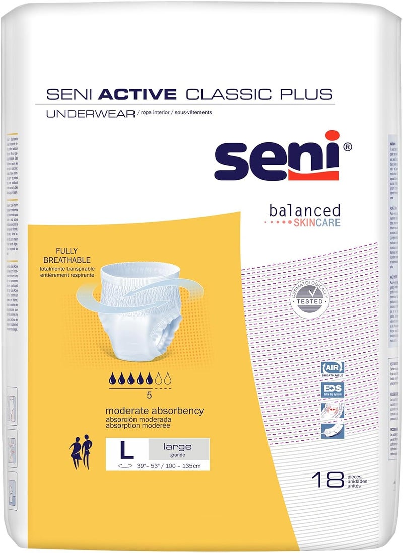 SENI Active Classic Plus Unisex Adult Incontinence Underwear Size Large 3953 18 Count 1 Pack of 18 Moderate Absorbency Disposable Underwear with Tear Away Seams for Men Women - Image 1