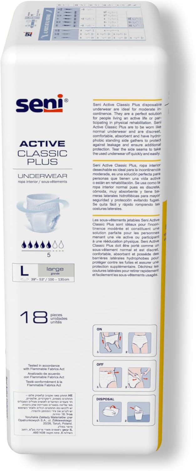 SENI Active Classic Plus Unisex Adult Incontinence Underwear Size Large 3953 18 Count 1 Pack of 18 Moderate Absorbency Disposable Underwear with Tear Away Seams for Men Women - Image 2
