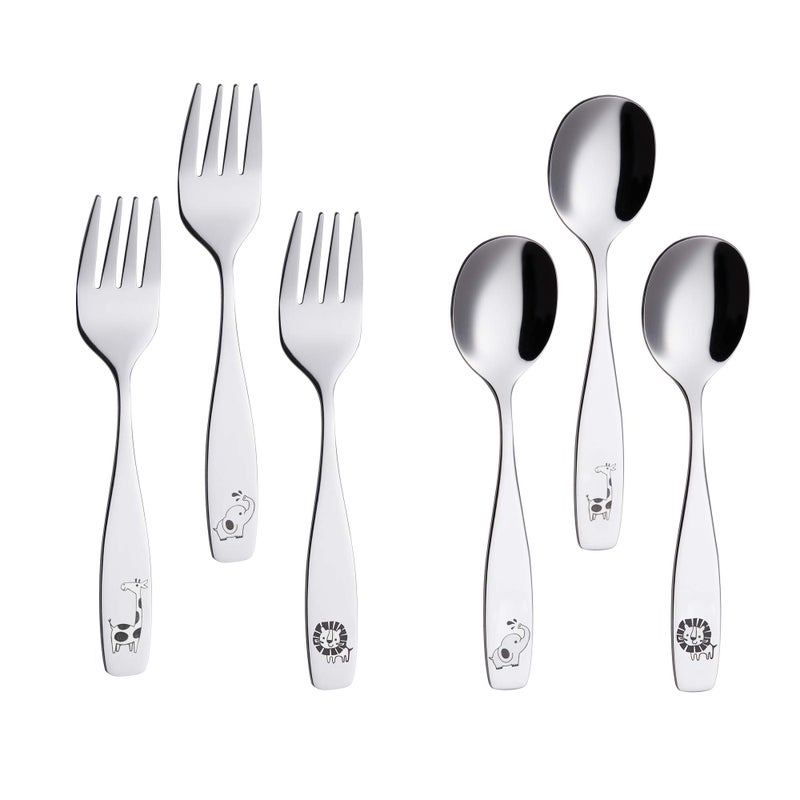ANNOVA Kids Silverware 6 Pieces Children's Safe Flatware Set Stainless Steel - 3 x Children Forks, 3 x Dinner Spoon, Toddler Utensils, for Lunchbox (Safari Animals Etched Elephant, Giraffe, Lion) - Image 2