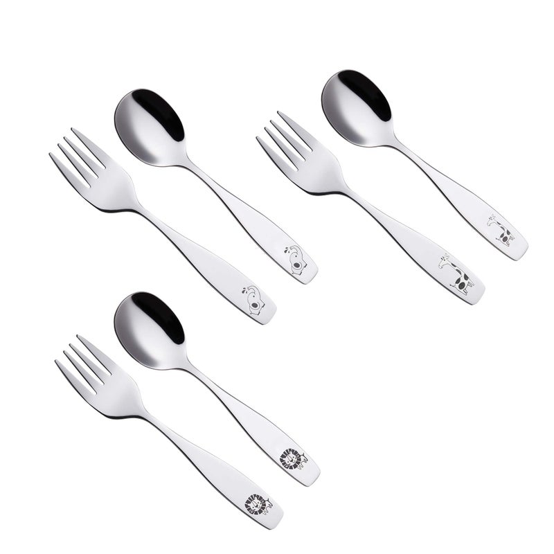 ANNOVA Kids Silverware 6 Pieces Children's Safe Flatware Set Stainless Steel - 3 x Children Forks, 3 x Dinner Spoon, Toddler Utensils, for Lunchbox (Safari Animals Etched Elephant, Giraffe, Lion) - Image 4