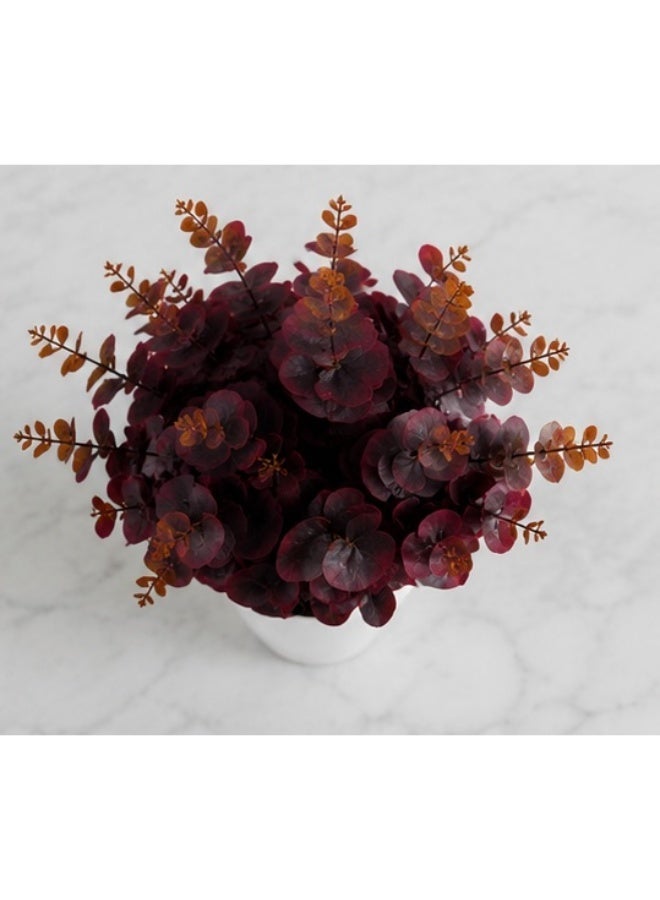 Artificial Potted Eucalyptus Plant, Red Burgundy Silk Flowers in White Plastic Pot - Image 3