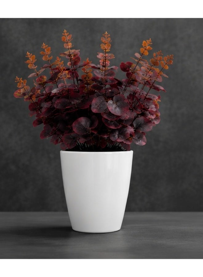 Artificial Potted Eucalyptus Plant, Red Burgundy Silk Flowers in White Plastic Pot - Image 2
