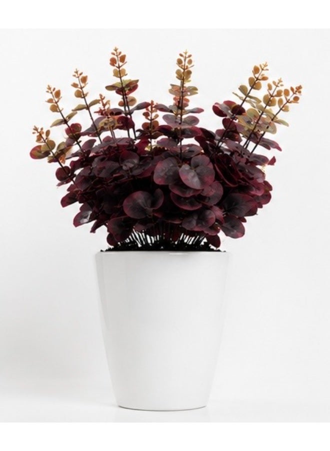 Artificial Potted Eucalyptus Plant, Red Burgundy Silk Flowers in White Plastic Pot - Image 1