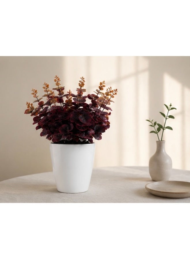 Artificial Potted Eucalyptus Plant, Red Burgundy Silk Flowers in White Plastic Pot - Image 4