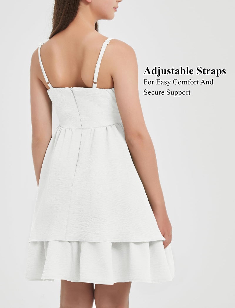 EXARUS Girls Dress White Teen Easter Church Formal Back to School Homecoming Dance Casual Tween Swing Ruched Flowy Ruffle Summer Spaghetti Strap Adjustable Outfits Dresses Cami for 10 Years - Image 4