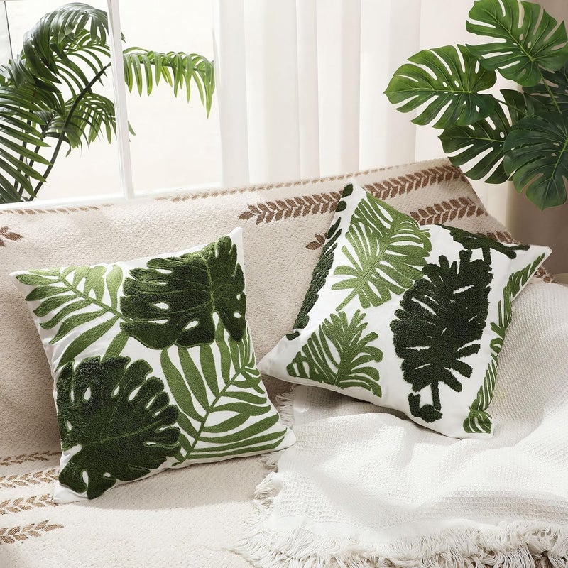 Gilprop 2 Pcs Embroidered Throw Pillow Covers 18 x 18 Inches Square Pillowcases Boho Pattern Cushion Covers Cushion Cases for Bed Couch Sofa Living Room Home Decor(Large Leaves) - Image 3