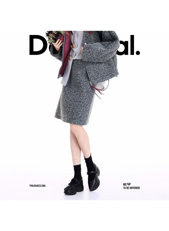 DESIGUAL [مدونة نفس الأسلوب] 25 مجموعة جديدة لخريف وشتاء تنورة رمادية مستقيمة بحلقة محبوكة مع شق خلفي - Image 2