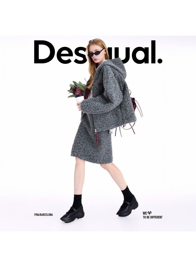 DESIGUAL [مدونة نفس الأسلوب] 25 مجموعة جديدة لخريف وشتاء تنورة رمادية مستقيمة بحلقة محبوكة مع شق خلفي - Image 3