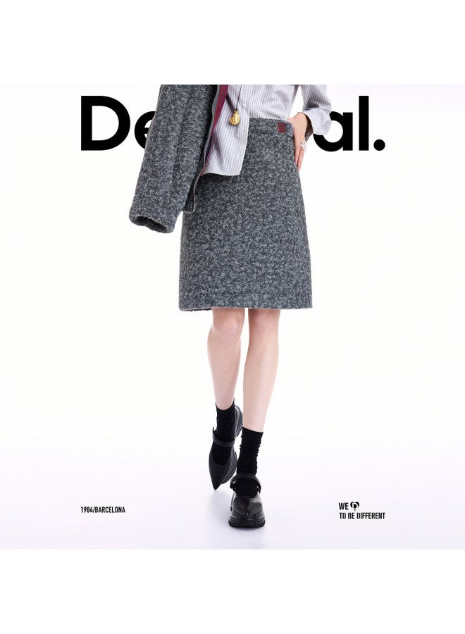 DESIGUAL [مدونة نفس الأسلوب] 25 مجموعة جديدة لخريف وشتاء تنورة رمادية مستقيمة بحلقة محبوكة مع شق خلفي - Image 5