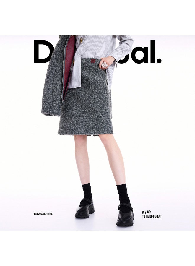 DESIGUAL [مدونة نفس الأسلوب] 25 مجموعة جديدة لخريف وشتاء تنورة رمادية مستقيمة بحلقة محبوكة مع شق خلفي - Image 4
