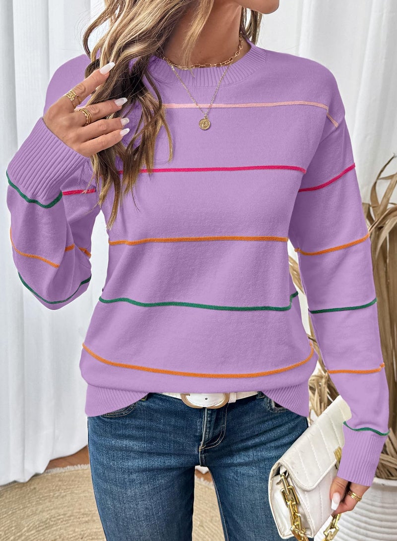 Shein SHEWIN Womens Tops Dressy Casual Crew Neck Striped Sweater Women Lightweight Fall Tops for Women 2025 Long Sleeve Tops Womens Sweaters Wisteria Medium - Image 5