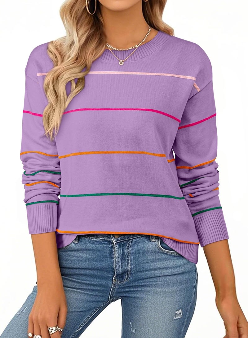 Shein SHEWIN Womens Tops Dressy Casual Crew Neck Striped Sweater Women Lightweight Fall Tops for Women 2025 Long Sleeve Tops Womens Sweaters Wisteria Medium - Image 1