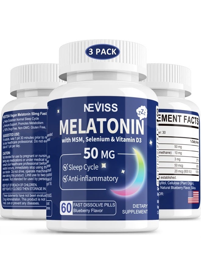 NEVISS Sugar-Free Melatonin 50 mg for Adults - 180 Servings Fast Dissolve Chewable & Sublingual - Extra Strength Melatonin with MSM, Selenium & Vitamin D3 for Health Rest Cycle, Deep Zzzs, Relaxation, Immune - Image 1