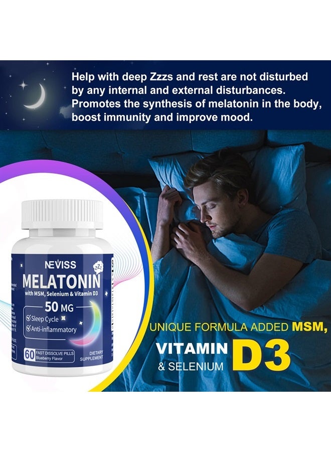 NEVISS Sugar-Free Melatonin 50 mg for Adults - 180 Servings Fast Dissolve Chewable & Sublingual - Extra Strength Melatonin with MSM, Selenium & Vitamin D3 for Health Rest Cycle, Deep Zzzs, Relaxation, Immune - Image 5