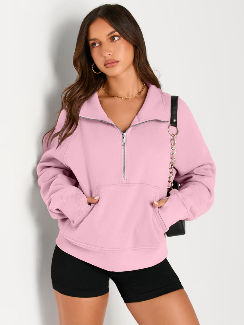 AUTOMET Womens Sweatshirts Half Zip Cropped Pullover Fleece Quarter Zipper Sweater Hoodies 2026 Fall Fashion Outfits Clothes LightPink X-Large - Image 3