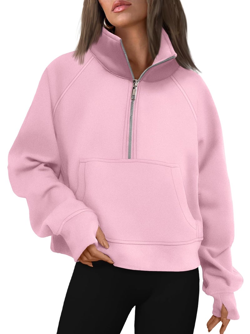 AUTOMET Womens Sweatshirts Half Zip Cropped Pullover Fleece Quarter Zipper Sweater Hoodies 2026 Fall Fashion Outfits Clothes LightPink X-Large - Image 1