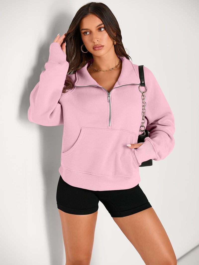 AUTOMET Womens Sweatshirts Half Zip Cropped Pullover Fleece Quarter Zipper Sweater Hoodies 2026 Fall Fashion Outfits Clothes LightPink X-Large - Image 2