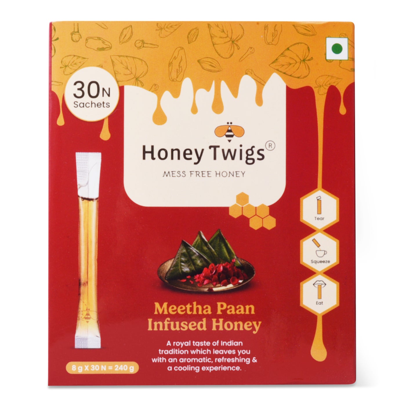 Honey Twigs Meetha Paan Infused Honey | 100% Natural & Pure Honey, 240gms (30x8g Single Sachets) |Traceable Source | Zero Added Sugar | Natural Paan Extract