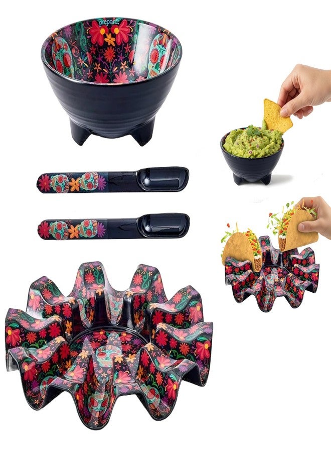 Prepara Taco Kit, Day of the Dead Theme - Festive Carousel with Compartments, Durable Melamine Taco Spoons, Entertaining Party Bowl - Dishwasher Safe, Vibrant Serving Set for Celebration Dinners - Image 1