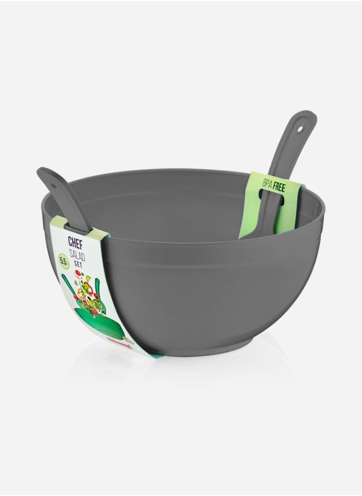 Dunya Plastik - Large salad and fruit BPA free mixing bowl with spoon and fork for mixing salad fruits and pasta 5500 ml 13L*27W cm gray - Image 1