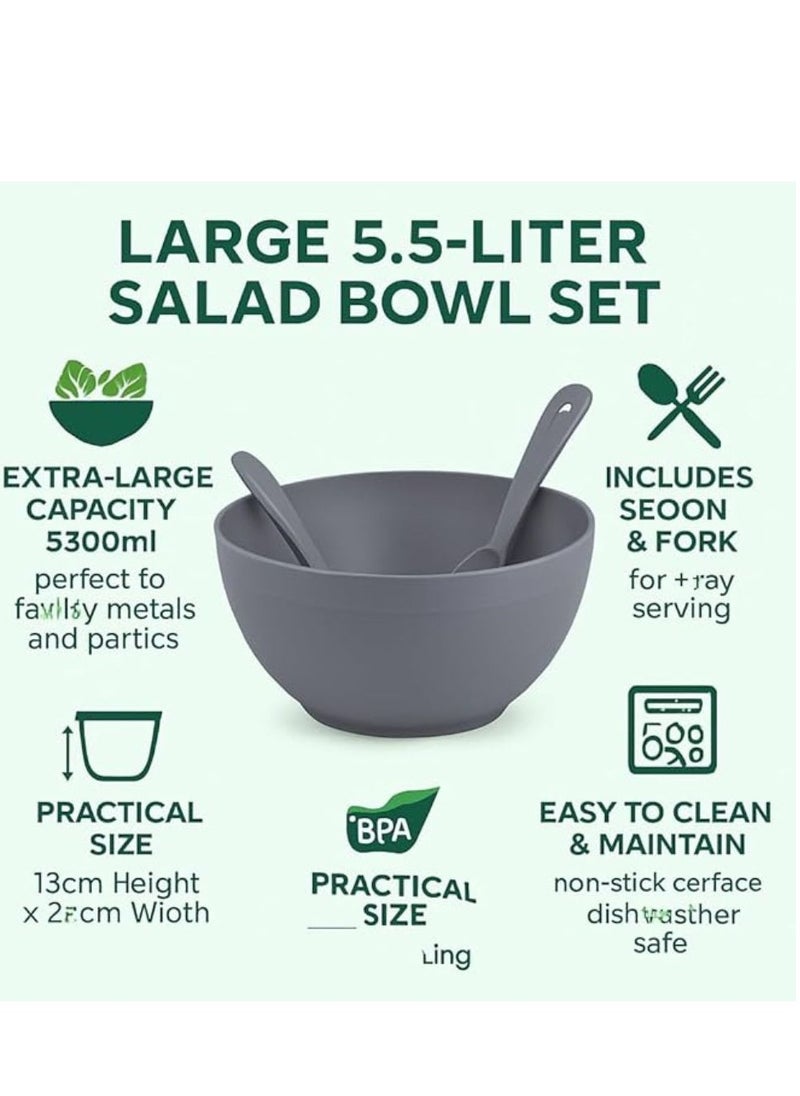 Dunya Plastik - Large salad and fruit BPA free mixing bowl with spoon and fork for mixing salad fruits and pasta 5500 ml 13L*27W cm gray - Image 1